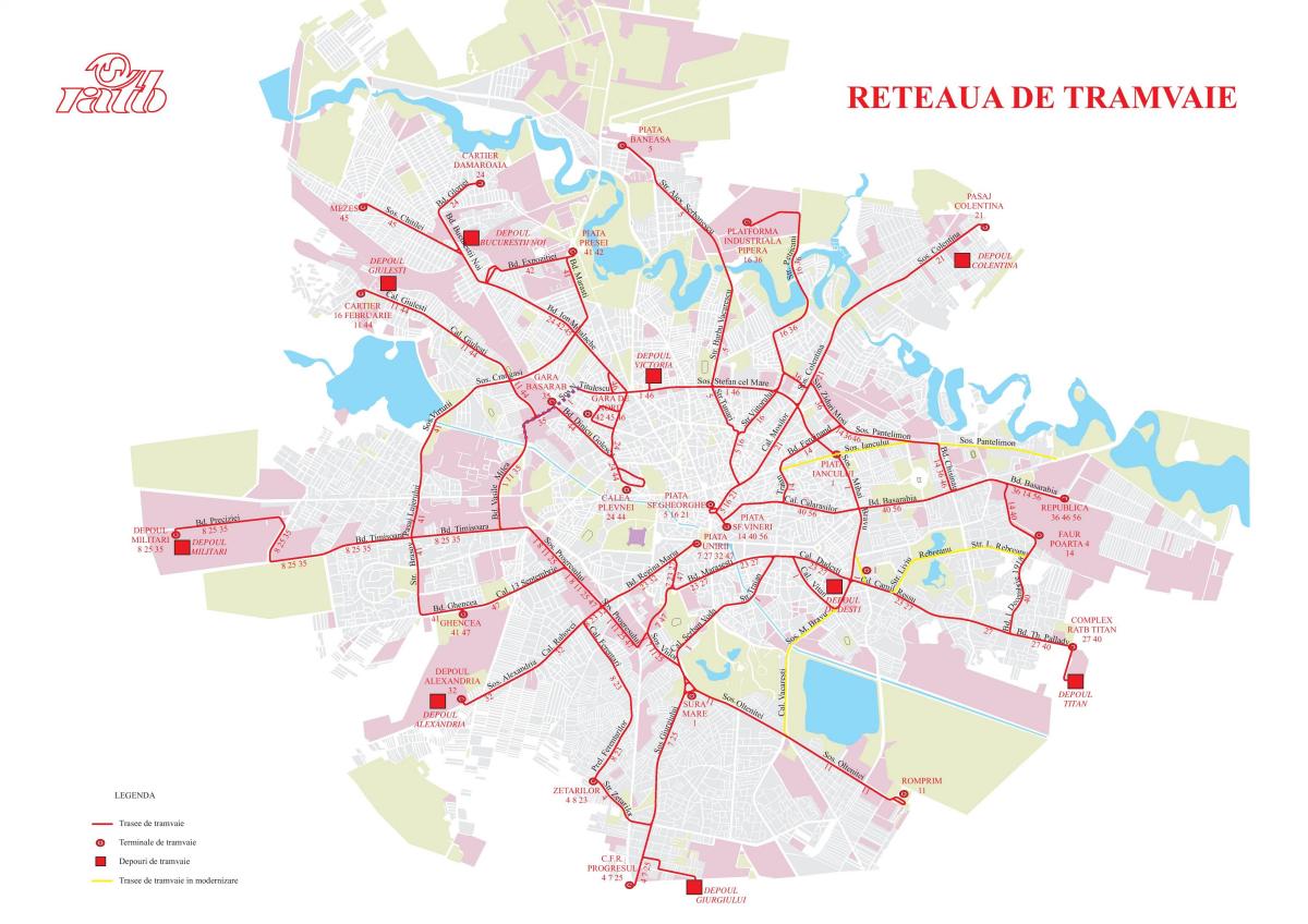 Mapa das estações de eléctrico de Bucareste